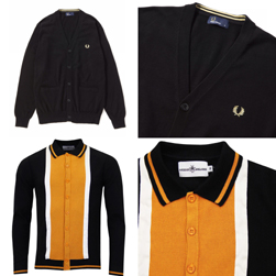 FRED PERRY フレッドペリー / Vネックカーディガン(F3199) Black MADCAP ENGLAND マッドキャップイングランド / レトロモッド60ｓポロカーディガン(MARRIOTT SUEDE) Black x Golden Oak