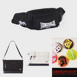 LONSDALE ロンズデール / ヒップバッグ Black / FRED PERRY フレッドペリー / ピケサコッシュバッグ(F9543) / NEVERTRUST ネバートラスト / 缶バッジセット